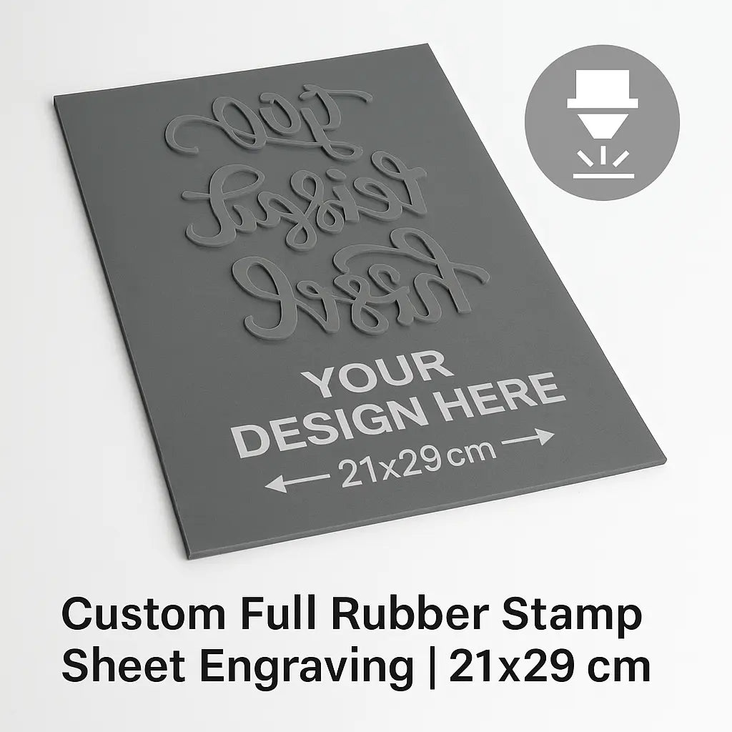 Custom Full Rubber Stamp Sheet – Laser-engraved rubber die with your design. Size 21x29 cm. Ideal for large or multiple small stamps. Ships in 1–2 business days. Free international shipping over $30.