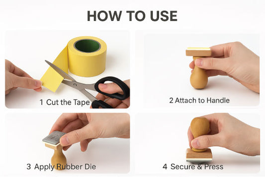 Step-by-step guide showing how to use EVA foam double-sided tape for stamp making: cut the tape, attach it to the wooden stamp handle, apply the rubber die, then secure and press.