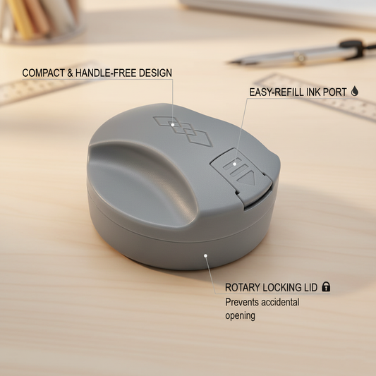 Diamark Pocket Pre-Inked Stamp showing compact design, easy-refill ink port, and rotary locking lid features