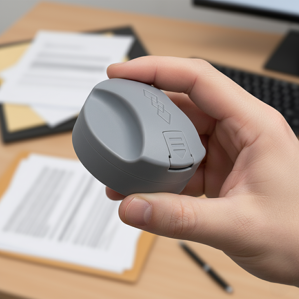 Diamark Pocket Pre-Inked Stamp held in hand, portable 38mm custom stamp for travel and office use