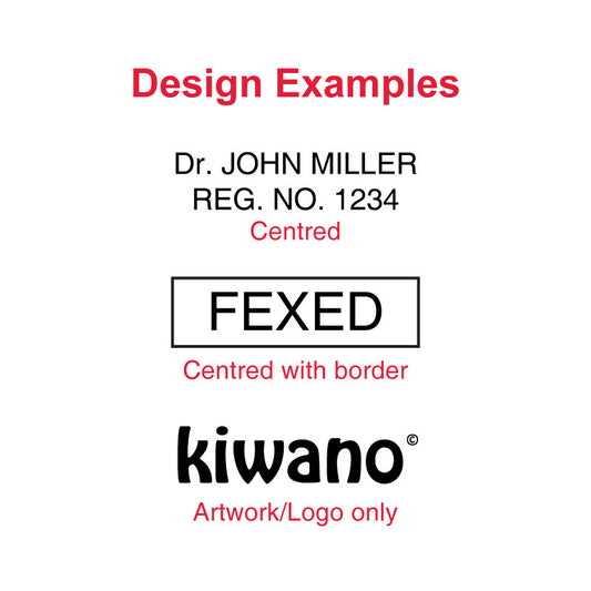 Design examples suitable for Colop Printer P10 self-inking stamp, including 'Dr. JOHN MILLER REG. NO. 1234' centered, 'FEXED' within a border, and the 'kiwano' logo, showcasing customization possibilities for the P10 model.