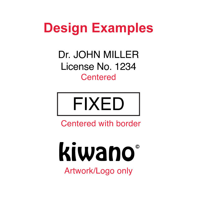 Design examples for Colop P10 self-inking stamp featuring centered professional text, centered text with border, and logo-only stamp design.