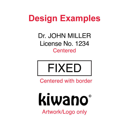 Design examples for Colop P10 self-inking stamp featuring centered professional text, centered text with border, and logo-only stamp design.