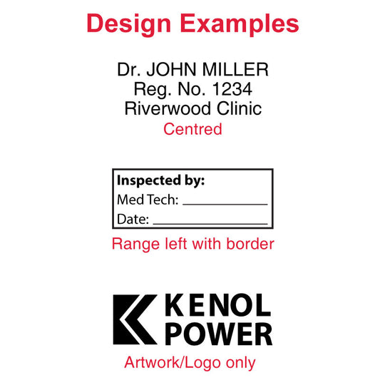 Sample designs for Colop Printer P20 self-inking stamp including 'Dr. JOHN MILLER Reg. No. 1234 Riverwood Clinic' centered, a form layout with 'Inspected by:' and 'KENOL POWER' logo, showcasing potential personalization for the P20 model stamp.