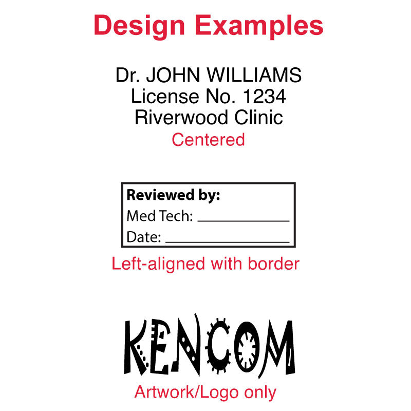 Design examples for Colop P20 self-inking stamp featuring centered professional medical text, left-aligned inspection stamp with border, and logo-only stamp design.