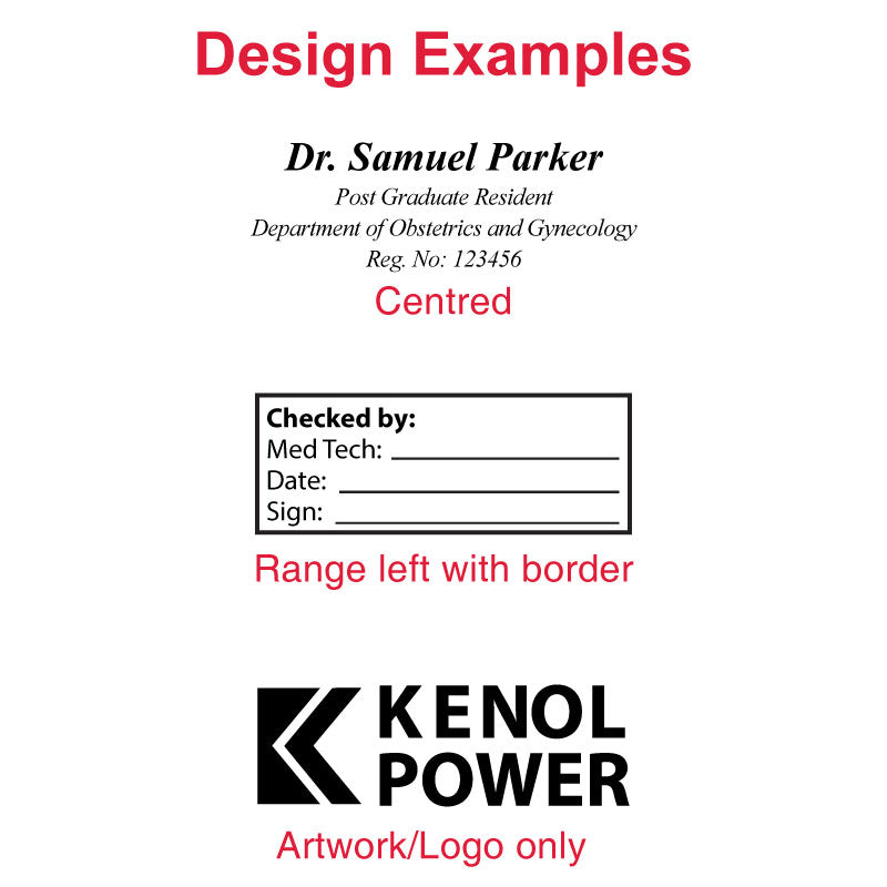 Sample designs for personalized stamping including 'Dr. Samuel Parker, Post Graduate Resident, Department of Obstetrics and Gynecology, Reg. No. 123456' centered, a checklist format with 'Checked by:' prompt, and the 'KENOL POWER' logo illustrating custom design possibilities for the Colop Printer 30 stamp.