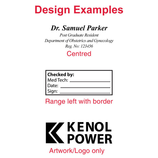 Sample designs for personalized stamping including 'Dr. Samuel Parker, Post Graduate Resident, Department of Obstetrics and Gynecology, Reg. No. 123456' centered, a checklist format with 'Checked by:' prompt, and the 'KENOL POWER' logo illustrating custom design possibilities for the Colop Printer 30 stamp.