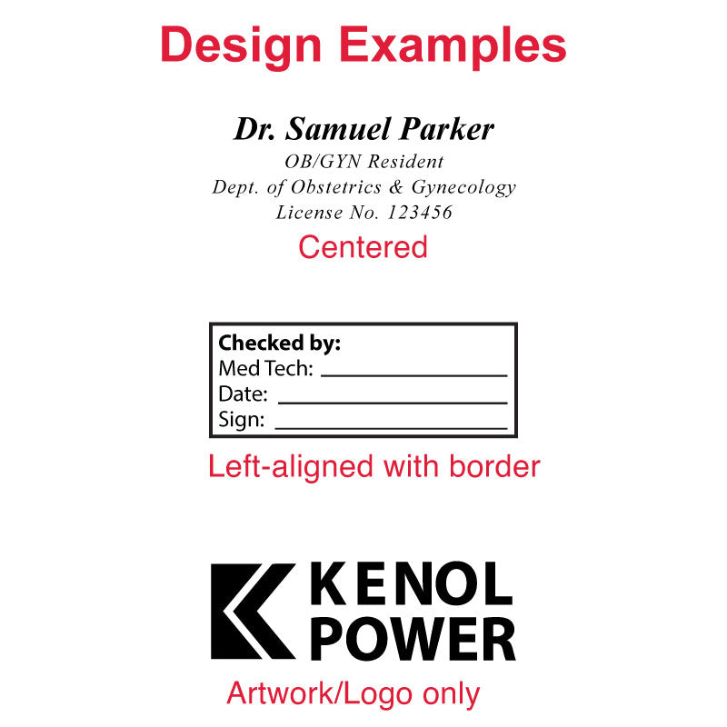 Design examples for the Colop P30 self-inking stamp, including a centered medical text layout, a left-aligned checklist box with border, and a logo-only stamp design.
