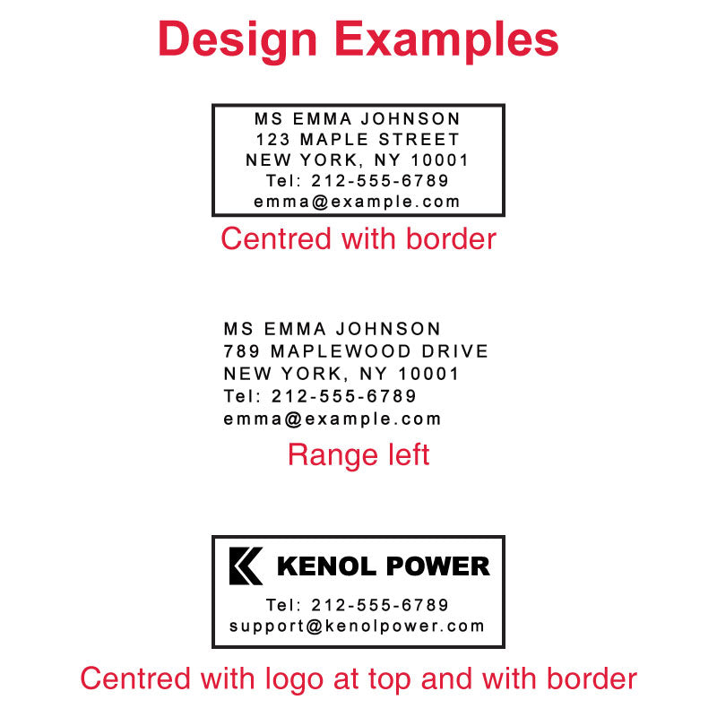 Samples of personalized stamp layouts including 'MS EMMA JOHNSON' address details, both centered with a border and aligned to the left, and the 'KENOL POWER' business logo with contact information, demonstrating customization options for the Colop Printer 40 stamp.