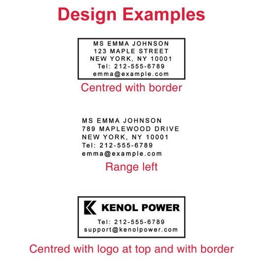 Samples of personalized stamp layouts including 'MS EMMA JOHNSON' address details, both centered with a border and aligned to the left, and the 'KENOL POWER' business logo with contact information, demonstrating customization options for the Colop Printer 40 stamp.