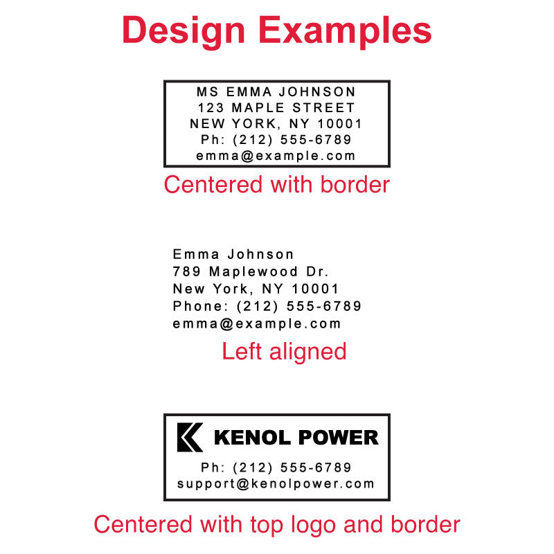 Design examples for the Colop P40 self-inking stamp, featuring a centered address layout with border, a left-aligned personal address stamp, and a centered business stamp with top logo and border.