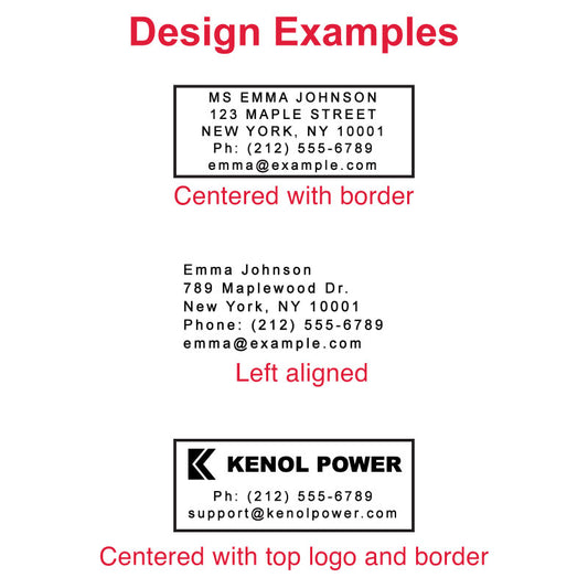 Design examples for the Colop P40 self-inking stamp, featuring a centered address layout with border, a left-aligned personal address stamp, and a centered business stamp with top logo and border.
