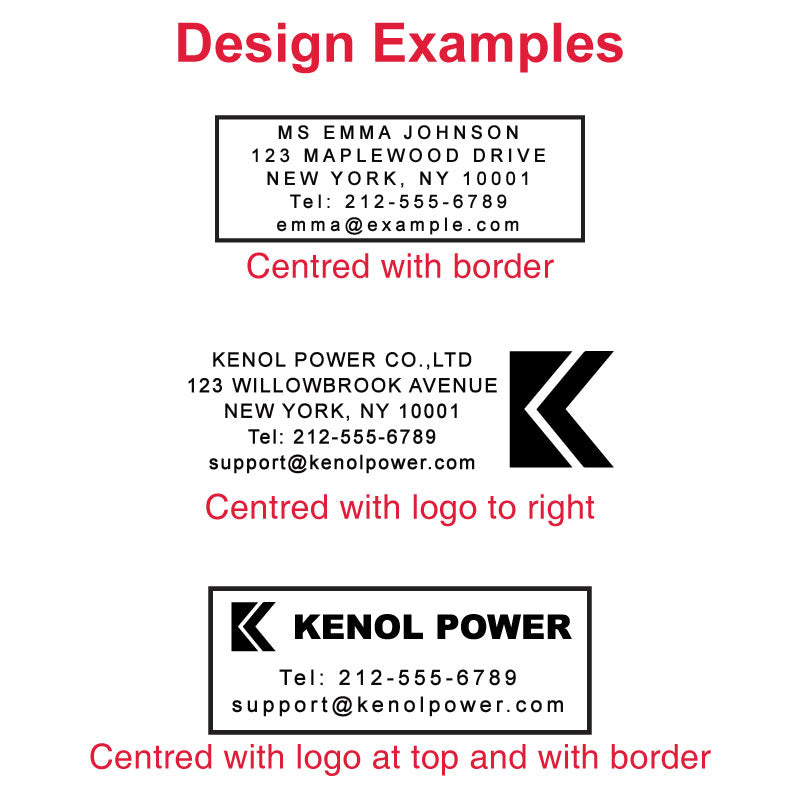 Design examples for Colop Printer 50 stamp showing personalization options such as 'MS EMMA JOHNSON' with full contact details centered with a border, and 'KENOL POWER CO., LTD' business information centered with the logo to the right, highlighting various layout choices.