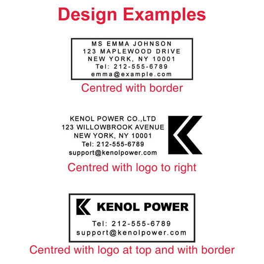 Design examples for Colop Printer 50 stamp showing personalization options such as 'MS EMMA JOHNSON' with full contact details centered with a border, and 'KENOL POWER CO., LTD' business information centered with the logo to the right, highlighting various layout choices.