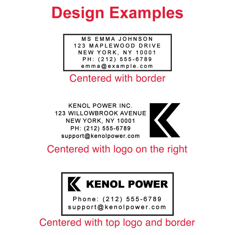 Colop P50 custom self-inking stamp design examples with U.S. style layout, centered text, company logo placement, border options, and American address and phone number format.