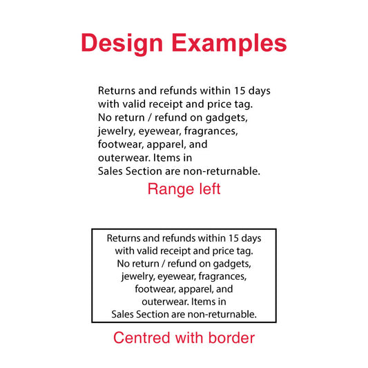 Examples of custom stamp print layouts showing a return policy with conditions, aligned to the left and centered with a border, suitable for the imprint area of the Colop Printer 60 stamp.