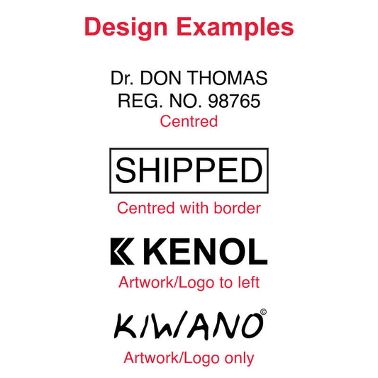 ExamSample designs for DF13 Pre-Inked Stamp including 'Dr. DON THOMAS REG. NO. 98765' centered, 'SHIPPED' with a bold border, and 'KIWANO' logo, illustrating the stamp's versatility for business and personal use.ples of customizable impressions with the DF1331 Pre-Inked Stamp - logo, and personalized designs