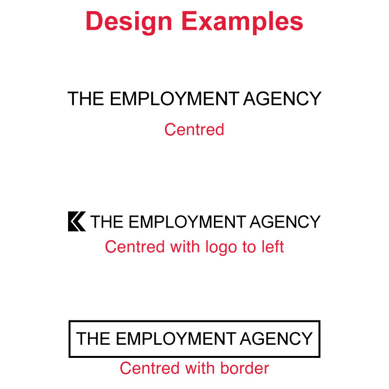 Design samples for DF1383 Pre-Inked Stamp showing 'THE EMPLOYMENT AGENCY' in a central layout, with variations including a centered logo and a bold border, highlighting the stamp's versatility for professional branding.