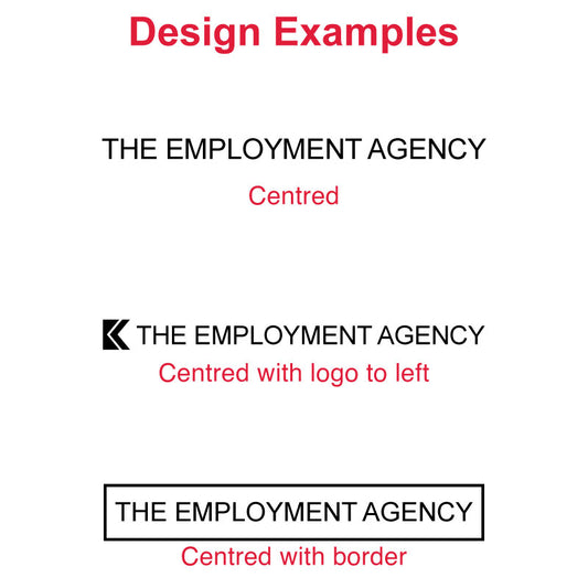 Design samples for DF1383 Pre-Inked Stamp showing 'THE EMPLOYMENT AGENCY' in a central layout, with variations including a centered logo and a bold border, highlighting the stamp's versatility for professional branding.