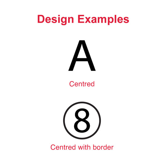 Design examples for DF13 Pre-Inked Stamp displaying a bold 'A' and the number '8' within a circle, both centered with borders, illustrating the stamp’s ability to produce sharp, small-scale imprints for various applications.