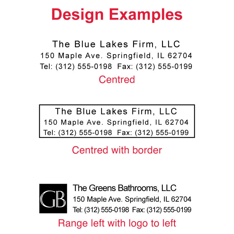Sample imprint layout for DF1767 Pre-Inked Stamp displaying 'The Blue Lakes Firm, LLC' with full address and contact information, shown in a clear, centered format, alongside the 'GB' logo.