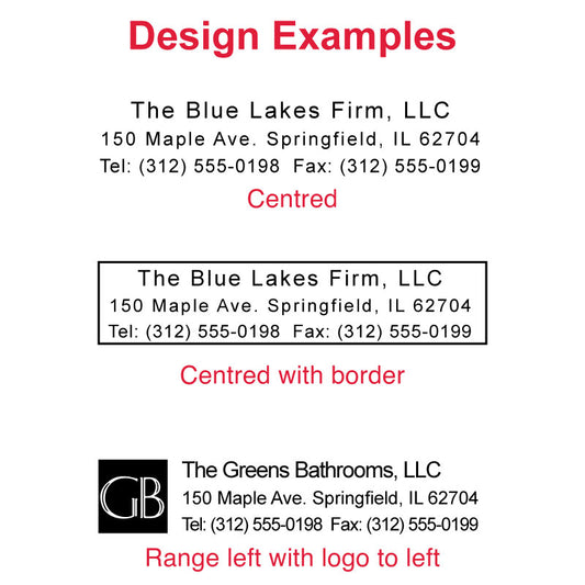 Sample imprint layout for DF1767 Pre-Inked Stamp displaying 'The Blue Lakes Firm, LLC' with full address and contact information, shown in a clear, centered format, alongside the 'GB' logo.