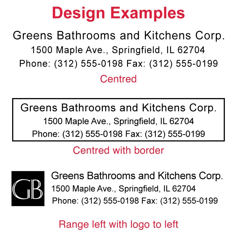 Design example for DF1778 Pre-Inked Stamp showing 'Greens Bathrooms and Kitchens Corp.' details, with a neat layout for contact information and 'GB' logo, demonstrating the stamp’s large imprint area for clear business communication.