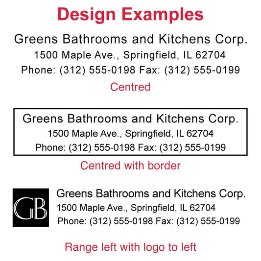 Design example for DF1778 Pre-Inked Stamp showing 'Greens Bathrooms and Kitchens Corp.' details, with a neat layout for contact information and 'GB' logo, demonstrating the stamp’s large imprint area for clear business communication.