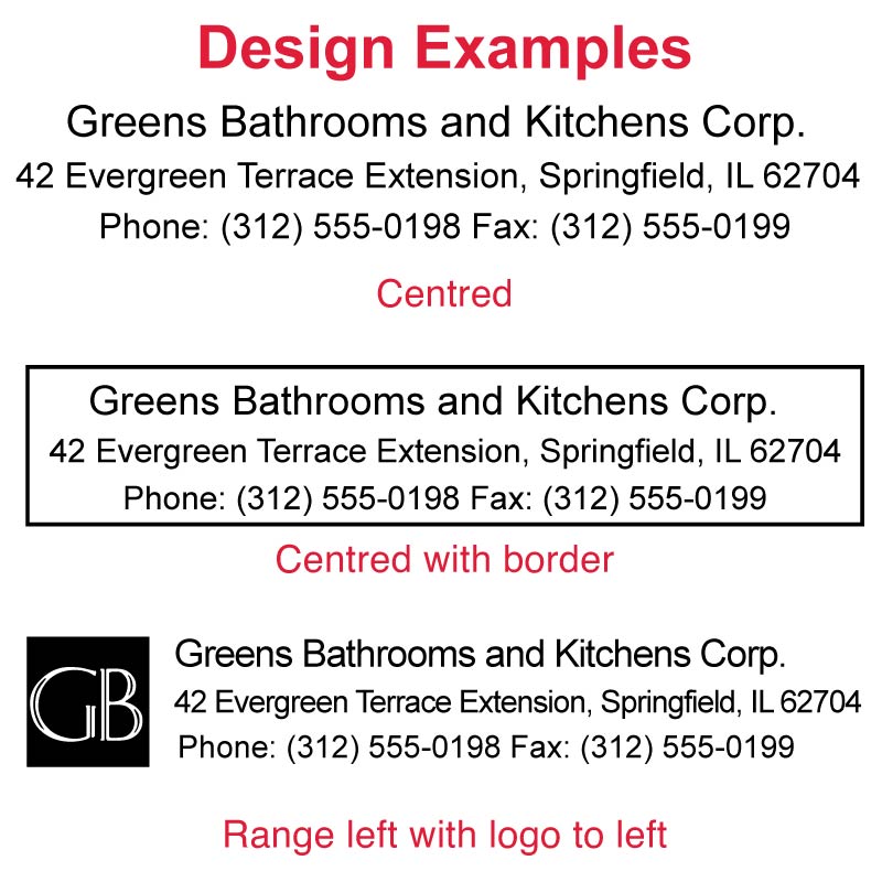 Sample design for DF1791 Pre-Inked Stamp illustrating 'Greens Bathrooms and Kitchens Corp.' address and contact details in a centered format with a distinct 'GB' logo, showcasing the stamp’s capacity for detailed and professional imprints.