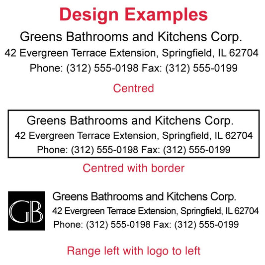 Sample design for DF1791 Pre-Inked Stamp illustrating 'Greens Bathrooms and Kitchens Corp.' address and contact details in a centered format with a distinct 'GB' logo, showcasing the stamp’s capacity for detailed and professional imprints.