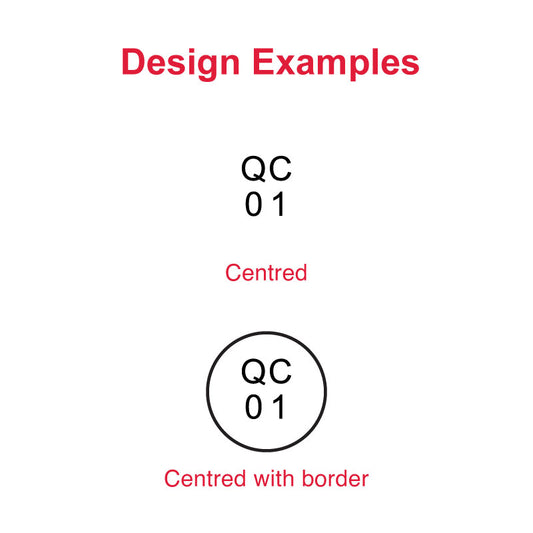 Design examples for DF19 Pre-Inked Stamp featuring 'QC 01' in bold black letters, one centered and one within a circle, demonstrating the stamp's capability for producing clear, concise quality control markings.