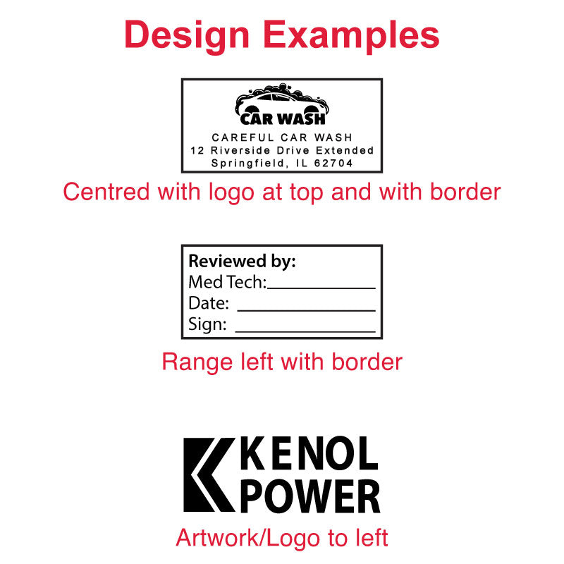 Example imprint design for DF2243 Pre-Inked Stamp showing 'CAREFUL CAR WASH' with address and 'Reviewed by:' fields, featuring a car wash logo at the top and KENOL POWER artwork on the left, indicating the stamp's use for business branding and documentation.