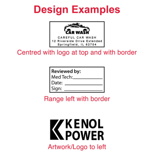Example imprint design for DF2243 Pre-Inked Stamp showing 'CAREFUL CAR WASH' with address and 'Reviewed by:' fields, featuring a car wash logo at the top and KENOL POWER artwork on the left, indicating the stamp's use for business branding and documentation.