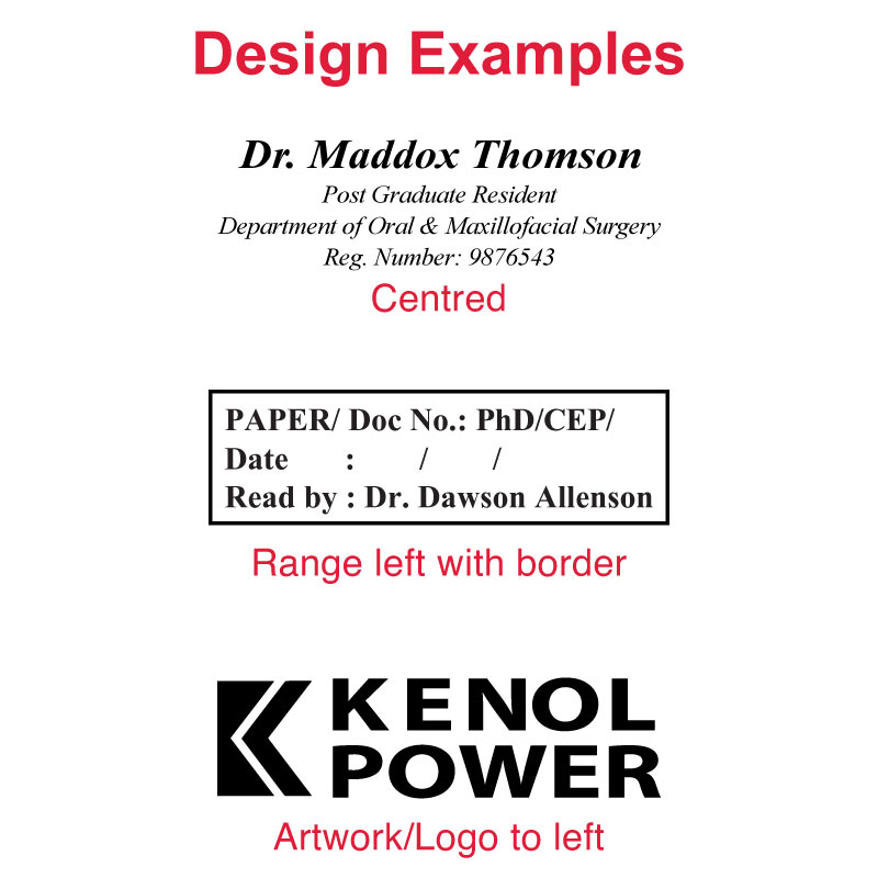 Sample text designs for DF2255 Pre-Inked Stamp showing 'Dr. Maddox Thomson' and 'Reviewed by' labels for professional documentation with KENOL POWER logo.
