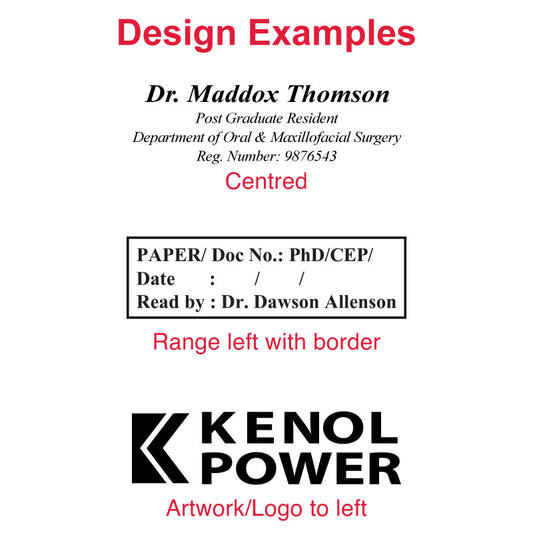 Sample text designs for DF2255 Pre-Inked Stamp showing 'Dr. Maddox Thomson' and 'Reviewed by' labels for professional documentation with KENOL POWER logo.