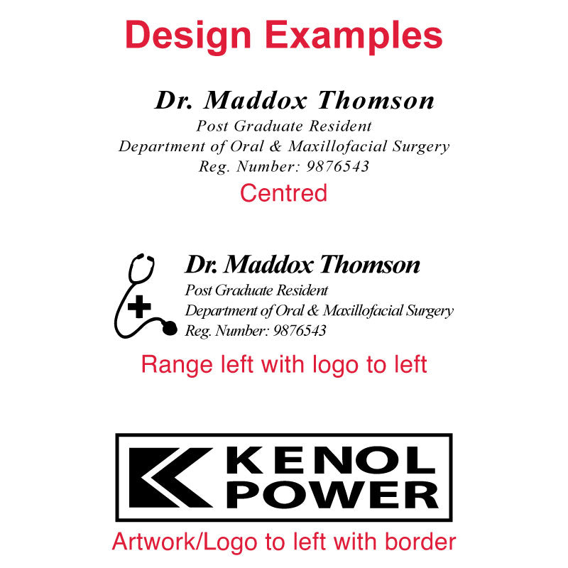 Example imprint design for DF2255 Pre-Inked Stamp showing centered professional details for Dr. Maddox Thomson, Post Graduate Resident in Oral & Maxillofacial Surgery, with registration number and aligned Kenol Power logo.