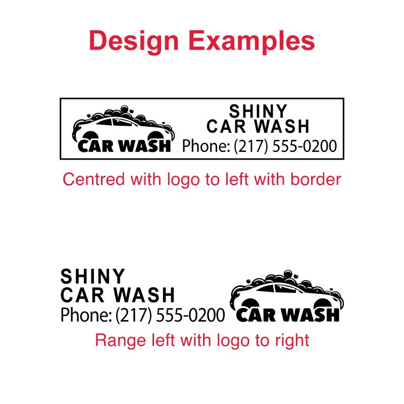 Customizable pre-inked DF2291 stamp design examples with black border and car logo for business branding