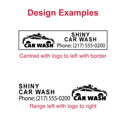 Customizable pre-inked DF2291 stamp design examples with black border and car logo for business branding