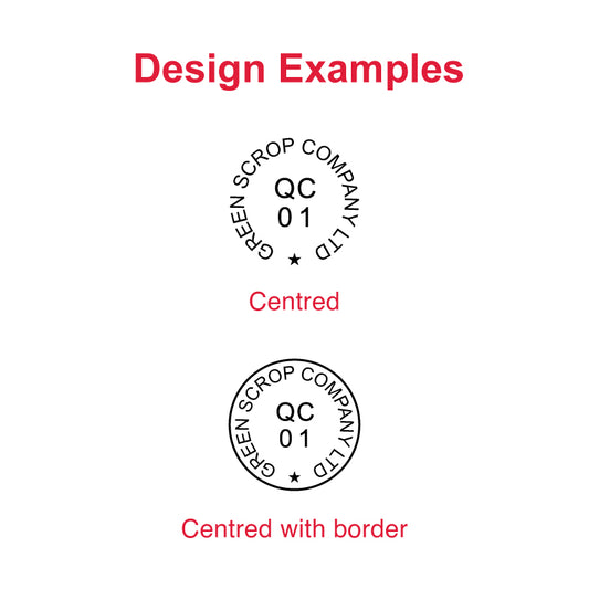Red and black circular DF24 pre-inked stamp design examples with centered text and star symbol