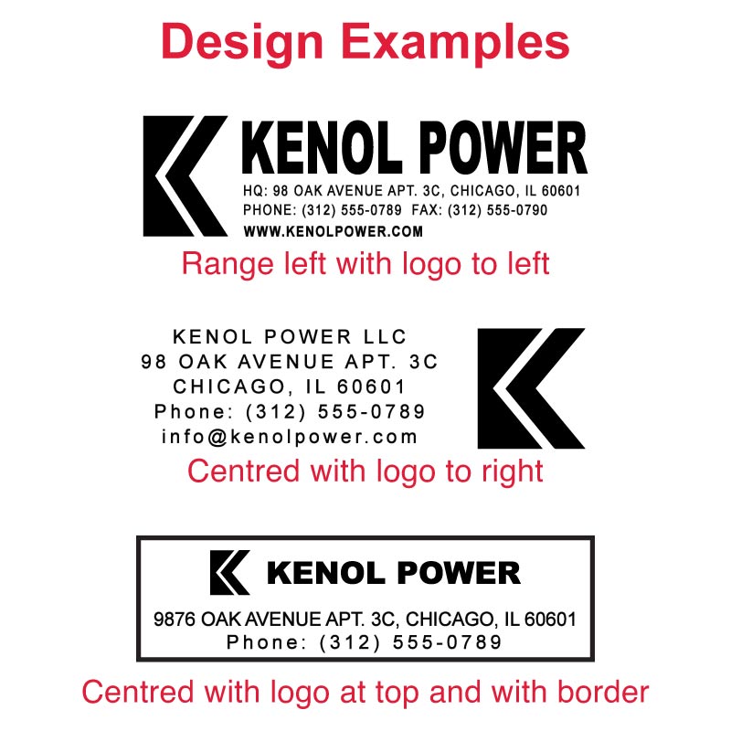 Customizable DF28103 pre-inked stamp design examples featuring business contact information with different layouts and logo positioning