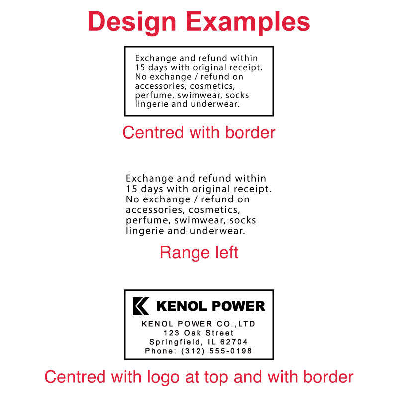 Sample layouts for DF2855 pre-inked stamp featuring exchange and refund policy and centered business address with logo