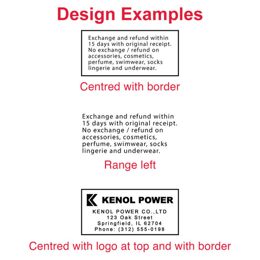 Sample layouts for DF2855 pre-inked stamp featuring exchange and refund policy and centered business address with logo