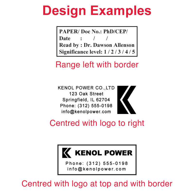 Various DF2867 pre-inked stamp design examples for professional documents, featuring academic and business formats with logos