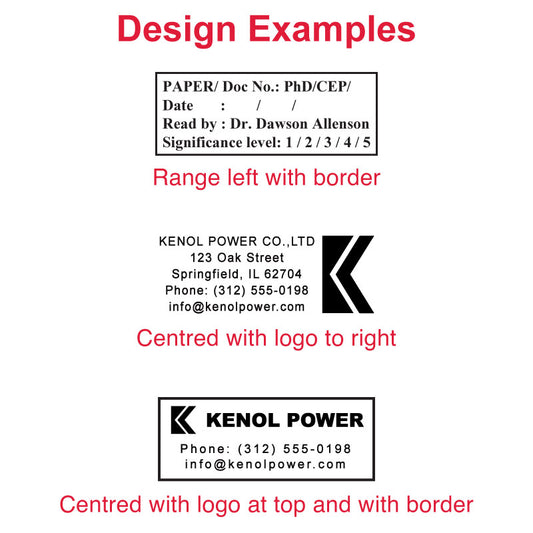 Various DF2867 pre-inked stamp design examples for professional documents, featuring academic and business formats with logos