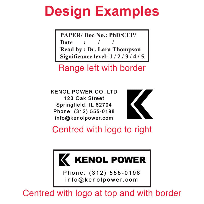 Layout samples for DF2878 pre-inked stamp showing academic paper details and business address with logo positioning options