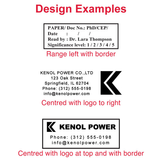 Layout samples for DF2878 pre-inked stamp showing academic paper details and business address with logo positioning options