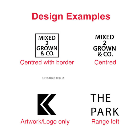 Example design layouts for custom pre-inked stamps, demonstrating various text and logo placement styles for business branding
