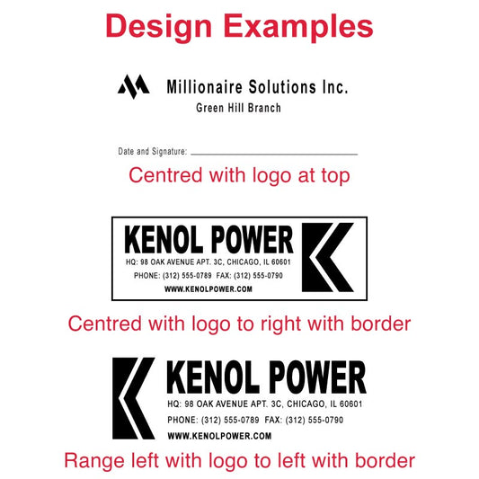 Custom stamp design templates showcasing different alignment and positioning options for business identity elements