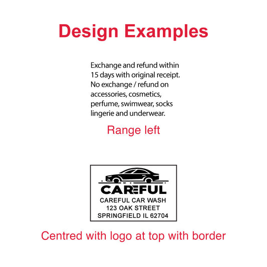 Illustrative design ideas for custom DF3255 pre-inked stamps featuring varied text alignment and logo placement