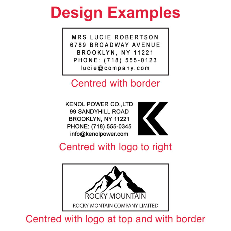 Examples of custom pre-inked stamp designs featuring centered text with border, logo to the right, and logo at top with border for DF3267 model.